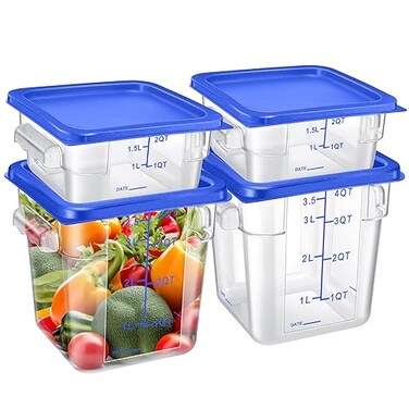Barydat 4 Pcs Square Food Storage Containers with Lids Measurement Scales 2qt 4qt Clear Plastic Stackable Containers for Dough Proofing Baking Kitchen Restaurant and Pantry OrganizationBlue