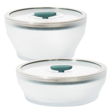Anyday 4Pc Microwave Cookware Glass Food Storage Set with Glass Lids Medium PlasticFree Containers Stackable Steamer with Vented Lid for MicrowaveSafe Reheating Steaming Vegetables Rice