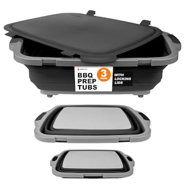 Drip EZ Collapsible BBQ Prep Tubs 3Piece Set For Meal Prep Marinating Food Storage Includes Cutting Board Lid 1 JR 1 OG 1 XL Black