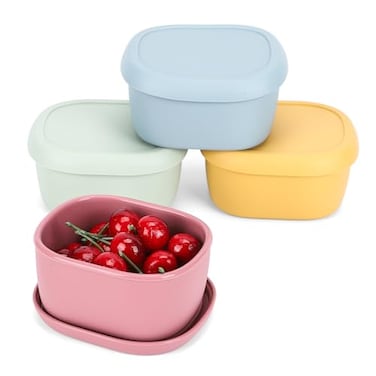 AOEDEO 4 pcs 10 oz Silicone Snack Containers for Kids Small Food Containers with Lids Fruit Container for Lunch Stackable Lunch Container for Kids Daycare School and Travel