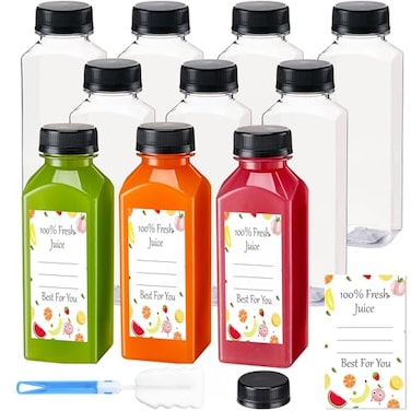 BOOMIBOO Juice Bottles with Caps 10Pcs 12oz Plastic Bottles with Caps Clear Reusable Water Bottle Used for Juicing Bottle Juice Containers with 10Pcs Labels Bottle Brush