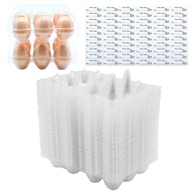 BULKBUY Egg Cartons 60 Packs Clear Ecofriendly Plastic Blank Egg Cartons with Free Labels Holds up to 6 Eggs Securely Perfect for Family Pasture Farm Markets Display Medium