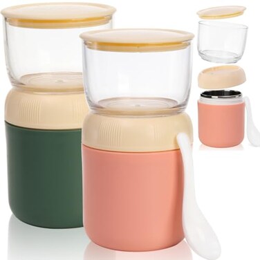 Eorbow 2 Pack Insulated Yogurt Container 24oz Breakfast On the Go Cup with Plastic Topping Cereal Oatmeal Cup 2in1 Food Storage Jar with Lid and Spoon Overnight Oats Container for Soup Lunch