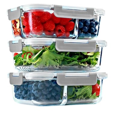 FIT Strong Healthy Meal Prep Containers Glass 1 2 3 Compartments Portion Control Bento Box Adult Glass Lunch Containers with Lids Oven Freezer Safe Bento Box 35 oz Gray 3 Pack