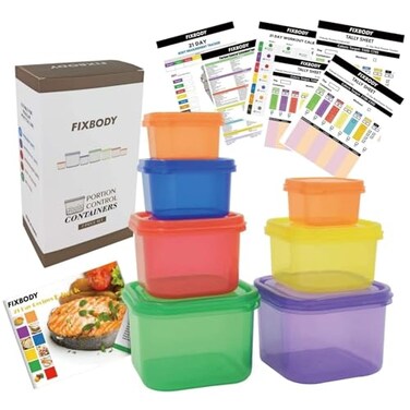 FIXBODY 7PCS Portion Control Containers ColorCoded Labeled 21 Day Lose Weight System Use Guide 21 Day Tracker and Recipe Ebook Include