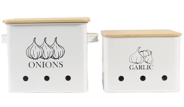 Gdfjiy Onion Garlic Storage Bin Kitchen Vegetable Storage Tin Set of 2 for Onion Garlic with Wooden Lid and Aerating Holes Kitchen Storage Canisters Set Long Shelf Life White