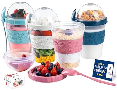 Hakan Overnight Oats Containers with Lid Spoons 4 Pack 20 oz Reusable Yogurt Parfait Cups with Topping Dome BPAFree Plastic Cereal Fruit Cups to Go Large Breakfast Jars for Work School