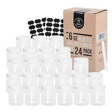 Healthy Packers Plastic Containers with WaterTight White Lids 6 oz 24 Pack Clear Plastic Food Storage Jars with Labels and White Marker Jars With Lids For Slime Or Storage BPA Free