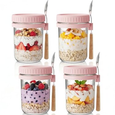 HomArtist Glass Overnight Oats Containers with Lids and Spoon 16oz Wide Mouth Mason Jars for Overnight Oats Cereal Yogurt Salad Lunch Container with Measurement Marks Pink 4 Pack