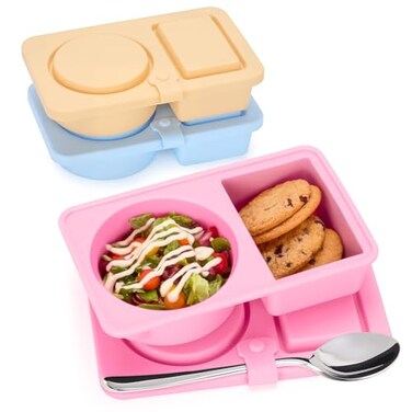HOMQYTE 3 PCS Reusable Silicone Snack Containers with Lids Double Compartment Snack Box Container for Food Traval Teens Adults PinkYellowBlue 3P