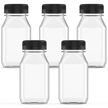 Hulless 5 Pcs 8 Ounce Plastic Juice Bottle Drink Containers with Black Lids Suitable for Juice Smoothies Milk and Homemade Beverages 250 mL