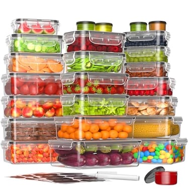 KEMETHY 50Piece Food Storage Containers with Lids25 Containers 25 Lids Plastic Food Containers for Pantry Kitchen Storage and Organization BPAFree Leak Proof Reusable with Labels Pen