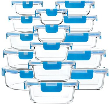 M MCIRCO 30 Pieces Glass Food Storage Containers with Upgraded Snap Locking LidsGlass Meal Prep Containers Set Airtight Lunch Containers Microwave Oven Freezer and Dishwasher Friendly Blue