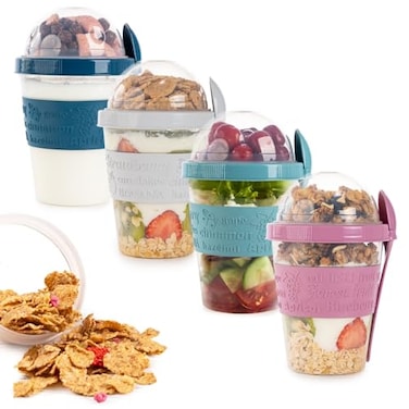 QUASLEQ 4Pack Reusable Parfait Cups with Lids BuiltIn Spoons BPAFree DualCompartment Containers for Oatmeal Granola Breakfast Gym and Travel Leakproof Dishwasher Safe 20 oz
