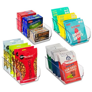 Seseno Set Of 4 Food Storage Organizer Bins Divided 3 Compartment Kitchen Pantry Fridge Organizers for Food Packets Seasoning Spices Sauce Packets Pouches Snacks Clear Plastic Storage Rack