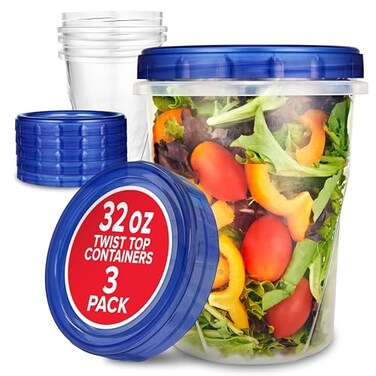 Stock Your Home 32oz Plastic Containers with Twist Top Lids 3 Pack Quart Freezer Containers for Leftovers Airtight Reusable Soup Storage Microwave Dishwasher Safe
