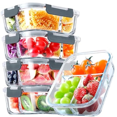 VERONES 5 Pack Glass Meal Prep Containers 3 Compartment Set 36OZ Airtight Glass Lunch Containers Glass Food Storage Containers with Lids for Microwave Oven Freezer Dishwasher FriendlyGrey