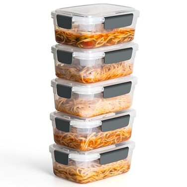YORY 5 cup Plastic Food Storage Containers with Lids Nestable Freezer Dishwasher Safe Rectangle Meal Prep Container Set5Pack