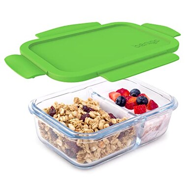 Bentgo Glass Snack LeakProof BentoStyle Snack Container with Airtight Lid and Divided 2Compartment Design 175 Cup Capacity for Meal Prepping and PortionControlled Snacking Green