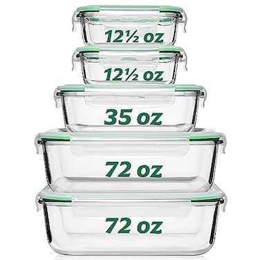Fusion Gourmet Large Glass Food Storage Containers with Lids 5 Pack 72 oz 9 Cup Airtight Leakproof Microwave and Oven Safe Borosilicate Glass