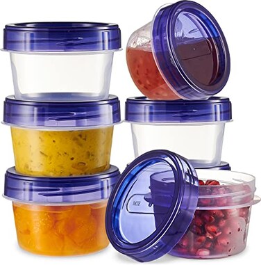 PLASTICPRO 12 Pack Twist Cap Food Storage Containers with Blue Screw on Lid 4 oz Reusable Meal Prep Containers Small Freezer Containers Microwave Safe Blue Plastic Food Storage