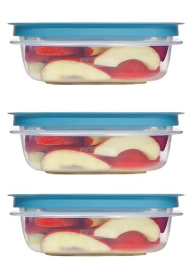 Utensilux Rubber maid Storage Containers Easy Find Lids Teal 3 cup Flex Seal Leak Proof Lids Food Storage Set Clear Meal Prep Flex Containers 3 Piece Set Utenselux
