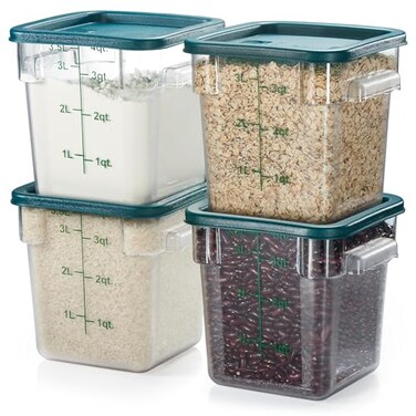 CURTA 4 Pack Food Storage Container with Green Lid NSF Commercial Grade in 40 Qt Square Clear Polycarbonate