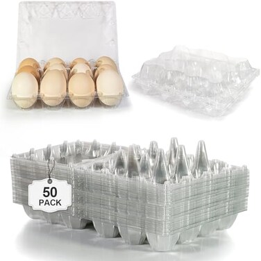 Pintuson 50 Pack Egg Cartons Cheap Bulk 12 Count Holds 1 Dozen Clear Blank Egg Cartons for Chicken Eggs Clear Empty Chicken Egg Carton for Fresh Medium Eggs