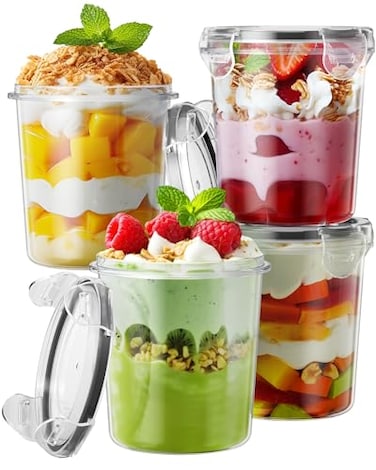 Canfanni Overnight Oats Containers with Lids 4 Pack 13oz Overnight Oats Jars Plastic Mason Jars BPA Free Portable Leak Proof Oatmeal Containers for Yogurt Soup Cereal Milk and Salad