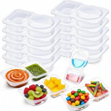 Blushtier 10 Pcs Pack Snack Containers with Lids 5 oz Double Compartment Plastic Food Containers Portable Divided Snack Cups for School Office Meal Prep Sauces Dips Onthego Camping Clear