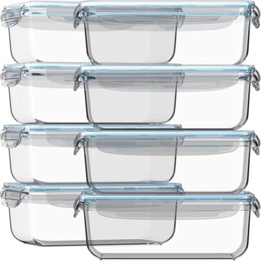 Razab 16 Pc Set of 8 30 Oz Glass Meal Prep Containers with Lids Airtight Large Glass Food Storage Containers Reusable Leak Proof BPA Free Freezer to Oven and Dishwasher Safe