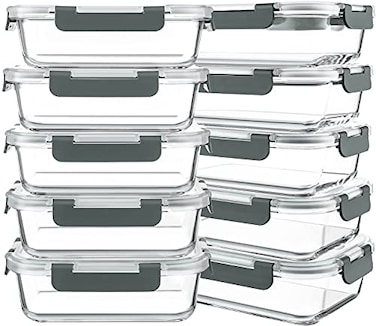 KOMUEE 10 Packs 30 oz Glass Meal Prep ContainersGlass Food Storage Containers with LidsAirtight Lunch Bento BoxesMicrowaveFreezer and DishwasherGray