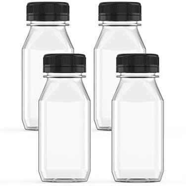 Hulless 6 Ounce Plastic Juice Bottle Drink Containers 5 Pcs Juicing Bottles with Black Lids Suitable for Juice Smoothies Milk and Homemade Beverages