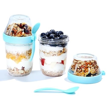 Felli On the Go Yogurt Parfait Snack Cup 12 oz Reusable Leak Proof Travel Spoon Topping Holder for Fruit Cereal Milk To Go Lunch Healthy Portion Control Overnight Oats Container Clear 2 Blue