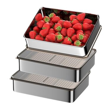Hommiya Stainless Steel Food Storage Containers Silver Airtight with Vacuum Seal Stackable Rectangular 3Piece Set BPAFree Lids for Meal Prep and Leftovers Storage deep 33 Height