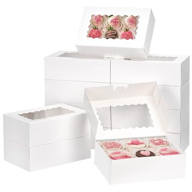 Moretoes 28pcs Cookie Boxes with Window 9x6x3 Inch White Bakery Boxes Dessert Container for Pastries Chocolate Covered Strawberries Easter Candy Muffins Donuts