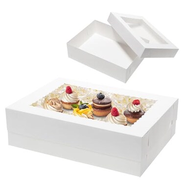 Mcfleet 16pcs 14x10x4 Rectangle Cake Boxes with Window Quarter Sheet Bakery Boxes for Donuts Cookies Cupcakes Pastry Baking Pie Treat Packaging White Large