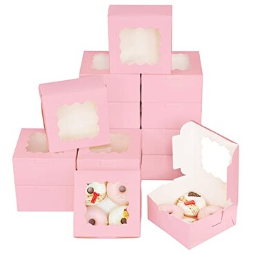 Bakepacker 60pcs Pink Cookie Boxes 6x6x3 inches Easy Assemble Macaroon Pastry Boxes Bakery Boxes with Window for Bakery