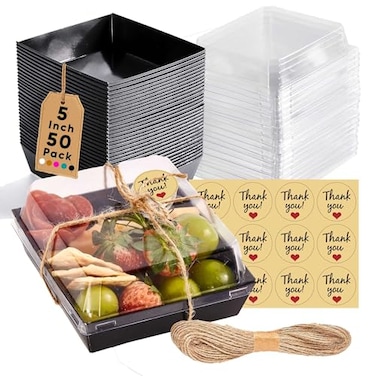 Leafiew 50 Pack Small Charcuterie Boxes with Clear Lids To Go Paper Mini Charcuterie Box Disposable Food Containers 5Inch Dessert Boxes Sandwich Cookie Sushi Cake Slice Strawberries Black