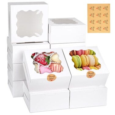 WINKIO 12 Pieces Cookie Boxes with Window 663 Inches Treat Boxes for Bakery Dessert Pastry Mini Cake Favor Donut Baked Goods White with Stickers