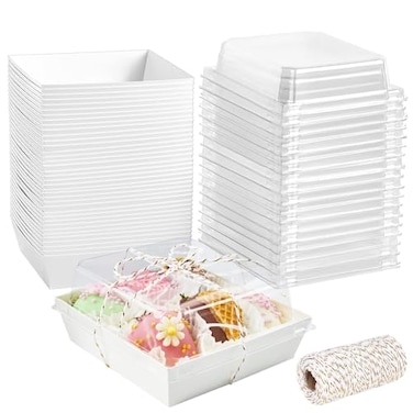 ZORRITA 50 Pack 5 Inch Paper Charcuterie Boxes with Clear Lids Square To Go Cake Slice Containers Small Bakery Boxes for Dessert Cookies Sandwich Strawberries White