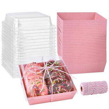 ZORRITA 50 Pack 5 Inch Pink Paper Charcuterie Boxes with Clear Lids Square To Go Cake Slice Containers Small Bakery Boxes for Dessert Cookies Sandwich Strawberries