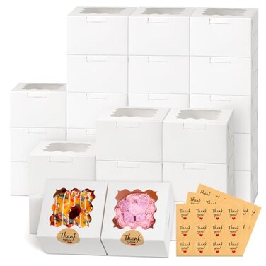 ZYFOTZUN 26pcs White Cookie Boxes with Window 4x4x25 Inches Small Bakery Boxes with 36pcs Stickers for Mini Cake Cookies Treat Dessert Pastry Donuts Macaroon Strawberries Chocolate Cupcakes Candy