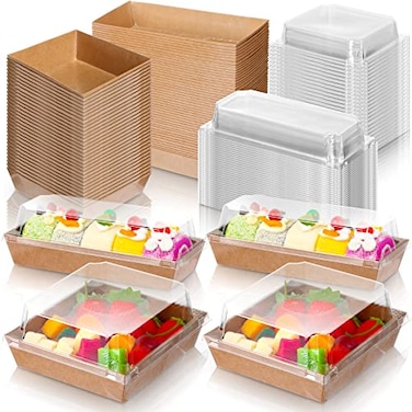 Zopeal 100 Pack 2 Size Paper Charcuterie Box with Clear Safety Lid 5 Brown Square Disposable Food Container Bakery Bread Box 75 Long Brown Baking Box for Sandwich Cake Cookies Pastry Dessert Salad Dis