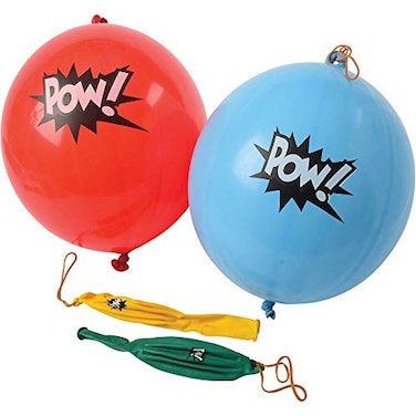 U. S. US Toy Lot Of 12 Assorted Color Comic Book Super Hero Design Punch Balloonsblue red yellow green