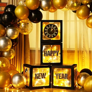 Capoda 51 Pcs Happy New Year Party Decoration Kit Black and Gold 2026 Balloon New Years Boxes with Balloon and LED Light Strings Supplies