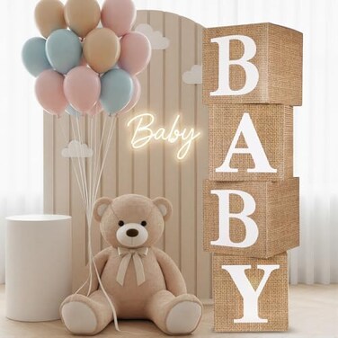 rubfac RUBFAC Burlap Print Baby Boxes with Letters for Baby Shower 4pcs Rustic Farmhouse Style Boho Balloon Boxes with Burlap Grain for Birthday Gender Reveal Decoration Backdrop Photo Props