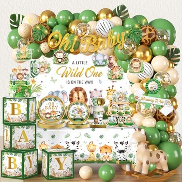 cocomigo 300PCS Safari Baby Shower Decorations 30 Safari Theme Tableware Allin1 Pack Includes Backdrop Tablecloth Balloon Boxes Balloon Kit for Baby Shower Decorations Boy