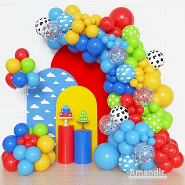 Amandir 152Pcs Blue Red Yellow Balloon Arch Garland Kit Different Sizes 12 10 5 Cow Cloud Pattern Green Confetti Latex Balloons For Cartoon Theme Birthday Baby Shower Decorations
