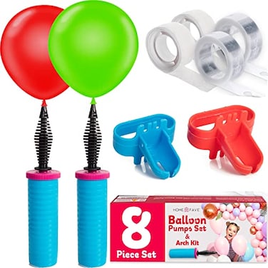 HOMEFAVE Balloon Pump Balloon Arch Kit Set of 8 Balloon Pump Dual Action Hand Held Inflator Pump Includes 2 Air Pump for Balloons 32Ft Balloon Arch Strip 200 Dot Glue